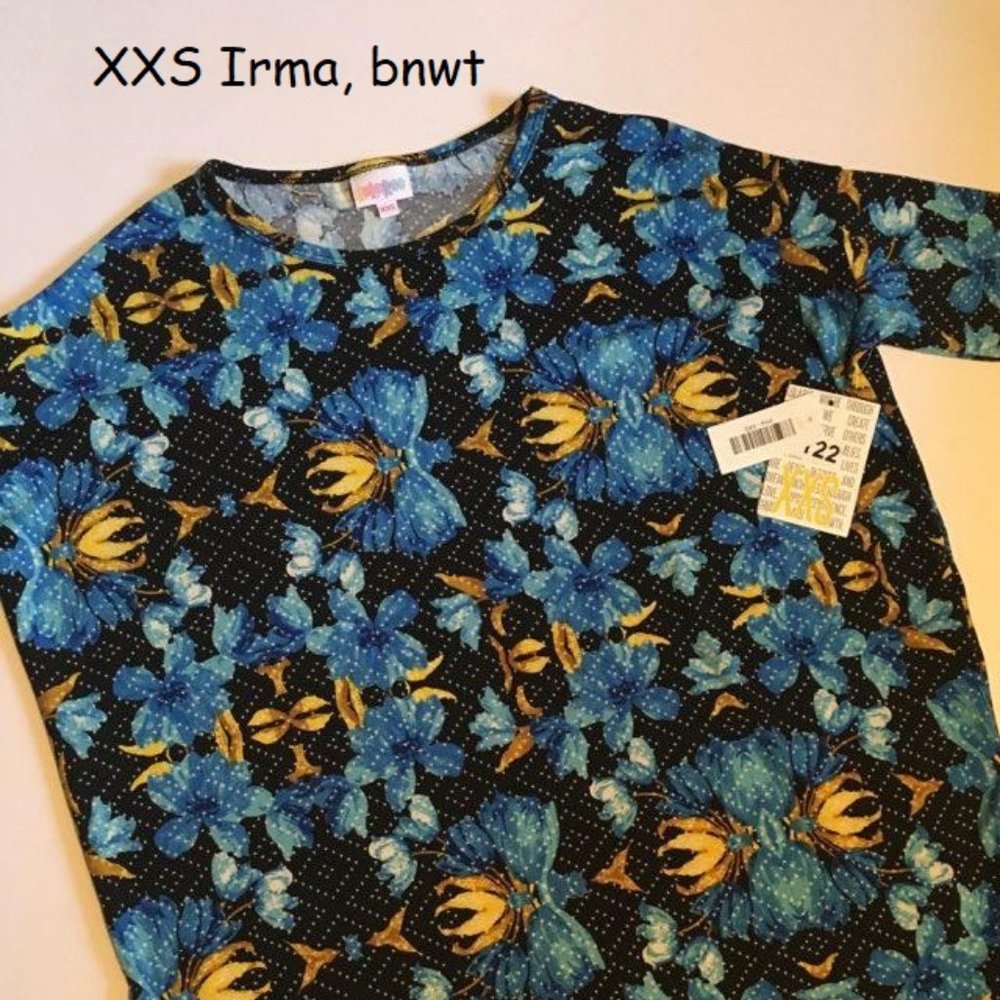 XXS Lularoe Irma tunic top, blue flowers